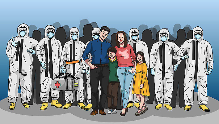 여자 딸 아들 어린이 일러스트 가족 엄마 마스크 여러명 성인 의료진 응급 아빠 감사 응급구조 응급상황 방호복 국내일러스트 AI파일 직업 옷 감정 다수 의학 관계 사람 긴급 파일형식 벡터