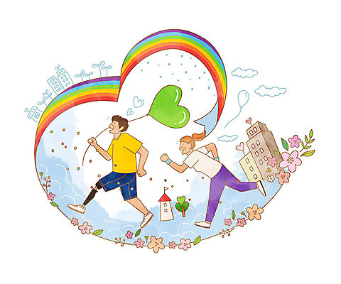 전신 PSD 나무 여자 남자 꽃 무지개 일러스트 나뭇잎 사랑 두명 건물 달리기 새싹 하트 장애인 꽃가루 풍선 장애인의날 국내일러스트 자연요소 모양 식물 건축물 감정 잎 모션 사람 가루 장애 파일형식 법정기념일