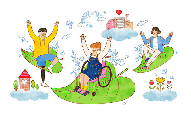 전신 PSD 여자 남자 꽃 무지개 일러스트 나뭇잎 사랑 건물 세명 만세 열기구 장애인 휠체어 장애인의날 국내일러스트 자연요소 식물 건축물 감정 잎 항공교통 모션 사람 장애 파일형식 법정기념일