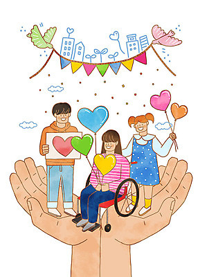 전신 PSD 손 여자 남자 일러스트 사랑 건물 신체부위 세명 새싹 하트 장애인 휠체어 꽃가루 풍선 장애인의날 국내일러스트 모양 식물 건축물 감정 사람 가루 장애 파일형식 법정기념일