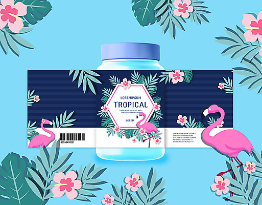 PSD 편집이미지 꽃 음료 유리병 세마리 사람없음 여름 파란색 병 플라밍고 패키지 몬스테라 트로피컬아트 이미지편집 식물 식기 계절 컬러 조류 병_용기 3 그림 파일형식