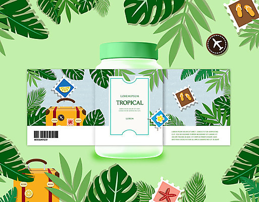 PSD 편집이미지 음료 여행 유리병 사람없음 초록색 여름 여행가방 병 패키지 야자수잎 우표 몬스테라 트로피컬아트 이미지편집 식물 식기 계절 컬러 잎 가방 병_용기 그림 파일형식