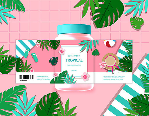 PSD 편집이미지 모자 꽃 음료 분홍색 유리병 사람없음 여름 병 쪼리 비치볼 패키지 비치타올 몬스테라 트로피컬아트 이미지편집 식물 식기 잡화 계절 컬러 공 병_용기 바캉스용품 수건 샌들 그림 파일형식