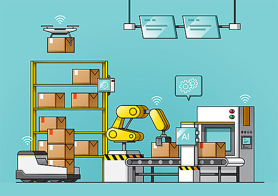 일러스트 공장 정보기술 사람없음 스마트 IT산업 드론 무인 무인기계 무인화 민트색 자동화 4차산업 5G 국내일러스트 AI파일 산업 컬러 컨셉 공업 기술 IT 파일형식 벡터