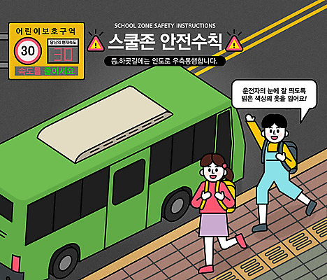 전신 여자 교육 남자 어린이 일러스트 버스 사람 소녀 소년 두명 표지판 보행로 등하교 안전수칙 밝은색 속도제한 스쿨존 어린이보호구역 에듀 에듀케이션 매뉴얼 어린이만 우측통행 스쿨팩 국내일러스트 AI파일 길 육상교통 대중교통 알림판 안전 금지 통행 보호구역 파일형식 벡터