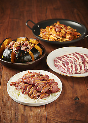 포토 JPG 스튜디오촬영 음식 실내 생고기 사람없음 갈색 양념 오리고기 외식 단호박 로스 오리구이 훈제고기 갈색배경 나무배경 국내포토 컬러 백그라운드 호박 오리 육류 내부 구이 훈제 파일형식