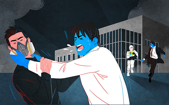 전신 PSD 남자 일러스트 마스크 여러명 상반신 건물 파란색 달리기 경찰 탈출 사회이슈 감염 기침 전염병 혼란 뺏기 코로나바이러스 방역복 확진자 팬데믹 델타변이바이러스 국내일러스트 직업 건축물 옷 컬러 다수 컨셉 모션 사람 바이러스 질병 방역 파일형식