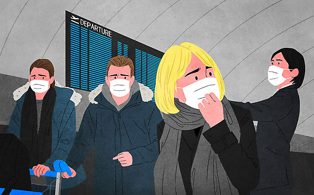 PSD 외국인 여자 남자 일러스트 마스크 여러명 상반신 파란색 공항 탈출 불안 사회이슈 감염 전염병 검역 코로나바이러스 확진자 팬데믹 델타변이바이러스 국내일러스트 감정 컬러 다수 컨셉 교통시설 사람 인종 바이러스 위생 질병 파일형식