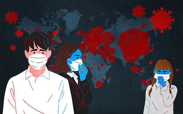 PSD 여자 남자 세계지도 일러스트 마스크 상반신 성인 세명 파란색 바이러스 사회이슈 감염 기침 전염병 코로나바이러스 확진자 팬데믹 델타변이바이러스 국내일러스트 컬러 컨셉 지도 사람 세계 질병 파일형식