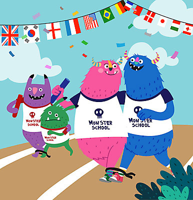 캐릭터 커플 일러스트 학교 상상 어깨동무 사람없음 달리기 스쿨라이프 즐거움 체육대회 만국기 몬스터 이인삼각 배턴 국내일러스트 일러캐릭터 AI파일 라이프스타일 교육 감정 스포츠용품 포즈 관계 모션 놀이 국기 체육 대회 파일형식 벡터