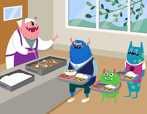 캐릭터 교육 일러스트 학교 상상 들기 사람없음 스쿨라이프 즐거움 식판 점심식사 급식 몬스터 식사예절 에듀 에듀케이션 줄서기 스쿨팩 국내일러스트 일러캐릭터 AI파일 라이프스타일 감정 모션 식사 예절 파일형식 벡터