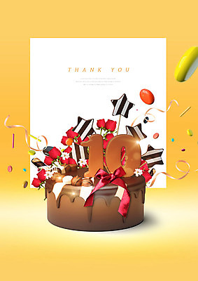 PSD 편집이미지 꽃 별 리본 사람없음 노란색 케이크 초콜릿 축하 10 초코케이크 이미지편집 자연요소 식물 컬러 컨셉 디저트 숫자 파일형식