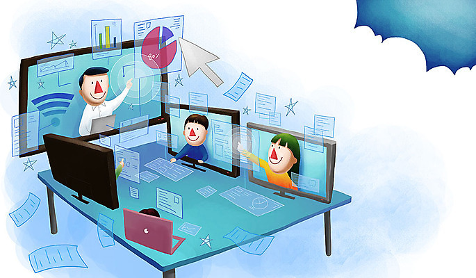 PSD 여자 남자 화살표 별 인터넷 일러스트 회사 비즈니스 회의 모바일 그래프 여러명 상반신 성인 노트북 컴퓨터 모니터 사이버 책상 와이파이 재택근무 온라인 성인만 사회적거리두기 온택트 국내일러스트 자연요소 캠페인 가구 다수 사람 전자제품 무선인터넷 파일형식