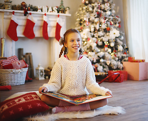 포토 JPG 해외이미지 나무 행복 어린이 겨울 휴식 주택 실내 따뜻함 선물 한명 사람 앉기 장식 책 상자 장난감 독서 방 축하 12월 벽난로 리빙 안락 해외202004 해외포토 식물 1 계절 감정 컨셉 모션 내부 건물 날짜 파일형식