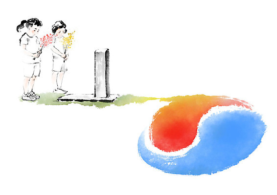 PSD 문양 여자 꽃 어린이 일러스트 캘리그라피 붓터치 소녀 잔디 두명 기도 무덤 비석 전쟁 태극 번짐 6.25전쟁 추모 소녀만 호국보훈의달 국내일러스트 식물 사람 6월 여자만 어린이만 파일형식 효과