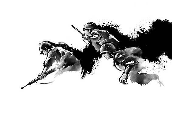 PSD 남자 무기 일러스트 캘리그라피 붓터치 세명 군인 총 전쟁 번짐 6.25전쟁 전진 남자만 호국보훈의달 국내일러스트 직업 사람 6월 국군 파일형식 효과