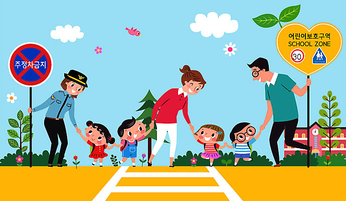 여자 교육 남자 꽃 어린이 일러스트 학교 소녀 소년 여러명 성인 건물 새싹 횡단보도 경찰 도로표지판 질서 스쿨존 어린이보호구역 에듀 에듀케이션 스쿨팩 국내일러스트 AI파일 식물 직업 건축물 도로 다수 사람 예절 표지판 보행로 보호구역 파일형식 벡터