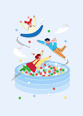 전신 구름 여자 남자 별 어린이 하늘색 일러스트 공 사람 세명 점프 슈퍼맨 튜브 볼풀장 키즈카페 어린이만 국내일러스트 AI파일 자연요소 모션 파란색 카페 영웅 파일형식 벡터