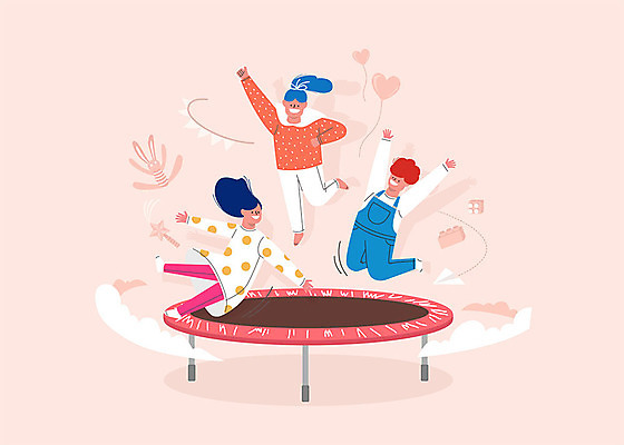 전신 구름 여자 남자 어린이 인형 분홍색 일러스트 세명 점프 만세 토끼 풍선 덤블링 키즈카페 어린이만 국내일러스트 AI파일 자연요소 컬러 포유류 모션 사람 반려동물 카페 파일형식 벡터