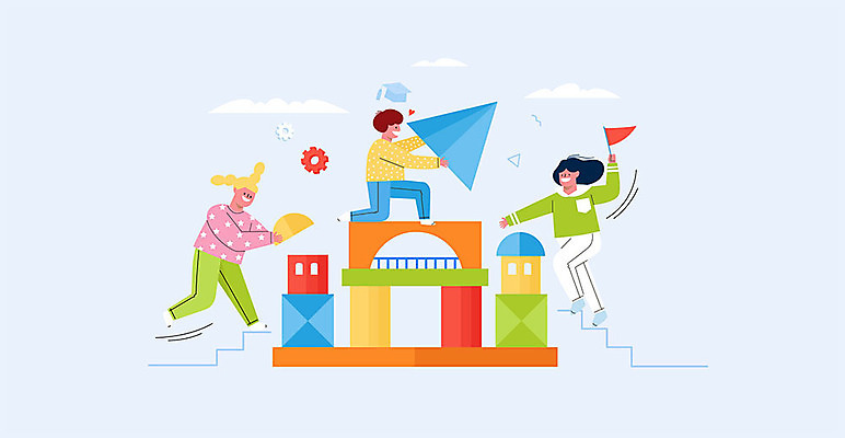 전신 구름 여자 남자 어린이 하늘색 일러스트 건물 세명 계단 블록 깃발 성 키즈카페 어린이만 국내일러스트 AI파일 자연요소 건축물 사람 파란색 카페 파일형식 벡터