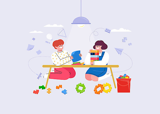 전신 구름 여자 남자 어린이 일러스트 전구 조명 두명 보라색 블록 퍼즐 삼각형 느낌표 종이비행기 색종이 젠가 키즈카페 어린이만 국내일러스트 AI파일 자연요소 도형 기호 종이 컬러 사람 놀이용품 카페 종이접기 파일형식 벡터