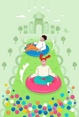 전신 나무 구름 여자 남자 어린이 일러스트 공 조명 잔디 두명 초록색 궁전 튜브 키즈카페 어린이만 국내일러스트 AI파일 자연요소 식물 컬러 고건축 사람 카페 파일형식 벡터