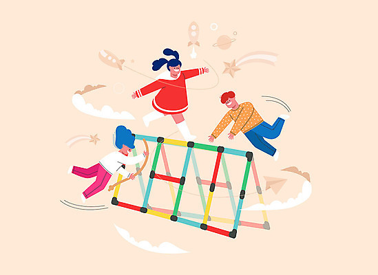전신 구름 여자 남자 별 어린이 일러스트 세명 장난감 달리기 행성 로켓 우주선 줄타기 살구색 키즈카페 어린이만 국내일러스트 AI파일 자연요소 컬러 모션 사람 우주 카페 묘기 파일형식 벡터