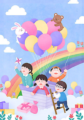 전신 PSD 구름 여자 남자 꽃 어린이 무지개 일러스트 곰 선물 소녀 소년 여러명 컬러풀 열기구 토끼 풀 어린이날 즐거움 풍선 어린이만 국내일러스트 자연요소 식물 동물 기념일 감정 컬러 다수 포유류 항공교통 사람 반려동물 파일형식