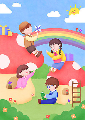 전신 PSD 구름 여자 남자 꽃 어린이 무지개 일러스트 곰 선물 소녀 소년 여러명 컬러풀 태양 마을 버섯 토끼 풀 어린이날 즐거움 풍선 버섯집 어린이만 국내일러스트 자연요소 식물 동물 기념일 감정 컬러 다수 포유류 주택 사람 반려동물 파일형식