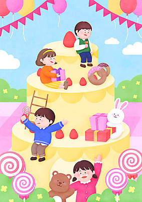 전신 PSD 구름 여자 남자 꽃 어린이 일러스트 사다리 곰 사탕 소녀 소년 여러명 컬러풀 케이크 토끼 도넛 어린이날 즐거움 풍선 3단케이크 어린이만 국내일러스트 자연요소 식물 동물 기념일 감정 컬러 다수 포유류 디저트 사람 반려동물 도구 파일형식