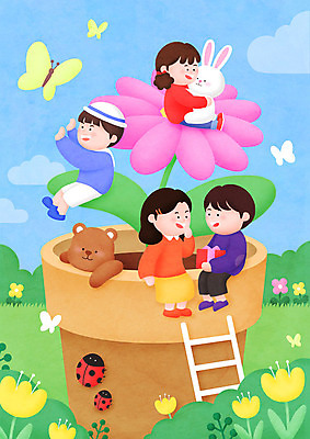 전신 PSD 구름 여자 남자 꽃 화분 어린이 나비 일러스트 사다리 곰 소녀 소년 여러명 컬러풀 토끼 풀 어린이날 즐거움 무당벌레 어린이만 국내일러스트 자연요소 식물 동물 기념일 감정 컬러 다수 곤충 포유류 사람 반려동물 도구 파일형식