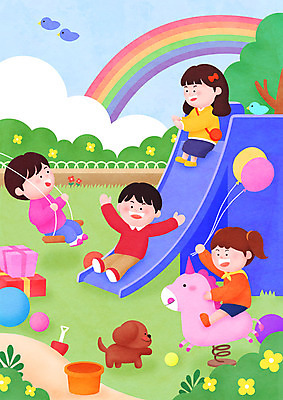 전신 PSD 나무 여자 남자 꽃 어린이 일러스트 공 곰 소녀 소년 여러명 컬러풀 토끼 강아지 미끄럼틀 놀이터 어린이날 즐거움 그네 풍선 어린이만 국내일러스트 식물 동물 기념일 감정 컬러 다수 포유류 놀이 사람 반려동물 개 놀이기구 파일형식