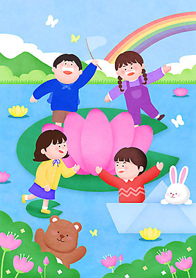 전신 PSD 구름 여자 남자 꽃 어린이 나비 무지개 일러스트 곰 연꽃 소녀 소년 여러명 강 컬러풀 토끼 풀 어린이날 즐거움 연잎 종이배 어린이만 국내일러스트 자연요소 식물 동물 기념일 감정 컬러 다수 곤충 잎 포유류 사람 반려동물 종이접기 파일형식