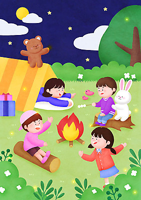 전신 PSD 나무 여자 남자 꽃 어린이 일러스트 곰 선물 소녀 소년 여러명 컬러풀 캠핑 달 토끼 풀 밤 모닥불 어린이날 즐거움 통나무 어린이만 국내일러스트 자연요소 식물 동물 기념일 감정 컬러 다수 포유류 불 레저 사람 반려동물 견과류 파일형식