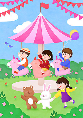 전신 PSD 구름 여자 남자 꽃 어린이 일러스트 곰 소녀 소년 초원 여러명 컬러풀 놀이공원 토끼 풀 어린이날 즐거움 회전목마 어린이만 국내일러스트 자연요소 식물 동물 기념일 감정 컬러 다수 포유류 사람 반려동물 테마파크 놀이기구 파일형식