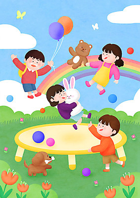 전신 PSD 구름 여자 남자 어린이 일러스트 공 곰 산 소녀 소년 여러명 컬러풀 튤립 토끼 풀 강아지 어린이날 즐거움 어린이만 국내일러스트 자연요소 식물 동물 기념일 꽃 감정 컬러 다수 포유류 사람 반려동물 개 파일형식