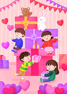 전신 PSD 여자 남자 어린이 일러스트 곰 선물 사랑 소녀 소년 여러명 선물상자 컬러풀 토끼 어린이날 즐거움 풍선 어린이만 국내일러스트 동물 기념일 감정 컬러 다수 포유류 사람 반려동물 상자 파일형식