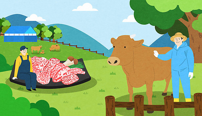 전신 PSD 나무 남자 일러스트 하늘 산 초원 성인 두명 소고기 소 축사 황소 특산물 한우 횡성 횡성한우 성인남자만 국내일러스트 식물 건축물 포유류 육류 사람 축산업 강원도 남자만 성인만 파일형식