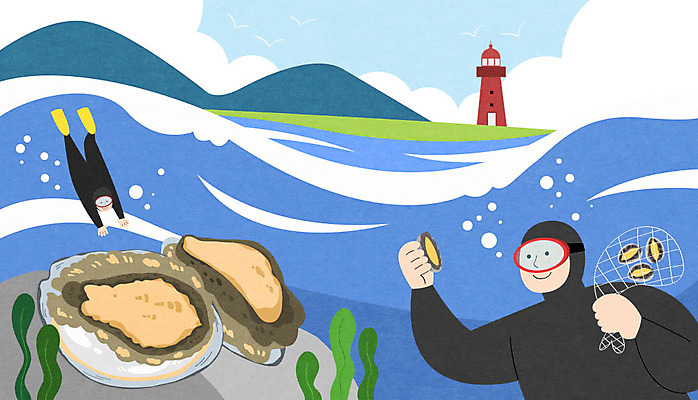 전신 PSD 여자 바다 중년 일러스트 하늘 산 등대 상반신 두명 특산물 전복 해남 해녀 중년여자만 국내일러스트 직업 어패류 사람 성인 전라남도 여자만 중년만 파일형식