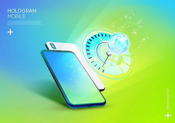 PSD 편집이미지 지구 시계 모바일 정보기술 사람없음 초록색 파란색 스마트폰 IT산업 홀로그램 이미지편집 산업 컬러 기술 핸드폰 스마트기기 파일형식