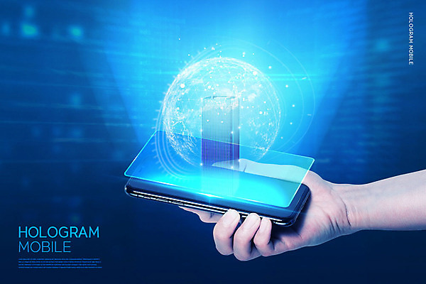 PSD 편집이미지 손 지구 모바일 정보기술 빌딩 신체부위 파란색 스마트폰 남색 IT산업 홀로그램 이미지편집 산업 컬러 기술 사람 건물 핸드폰 스마트기기 파일형식