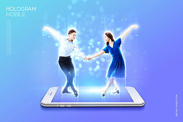 전신 PSD 편집이미지 여자 남자 모바일 정보기술 20대 성인 두명 30대 파란색 스마트폰 한국인 춤 IT산업 홀로그램 성인만 이미지편집 산업 컬러 문화예술 기술 사람 동양인 청년 장년 핸드폰 스마트기기 파일형식