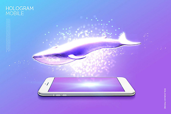 PSD 편집이미지 모바일 정보기술 사람없음 빛 스마트폰 보라색 고래 IT산업 홀로그램 이미지편집 산업 컬러 포유류 기술 핸드폰 스마트기기 수중동물 파일형식
