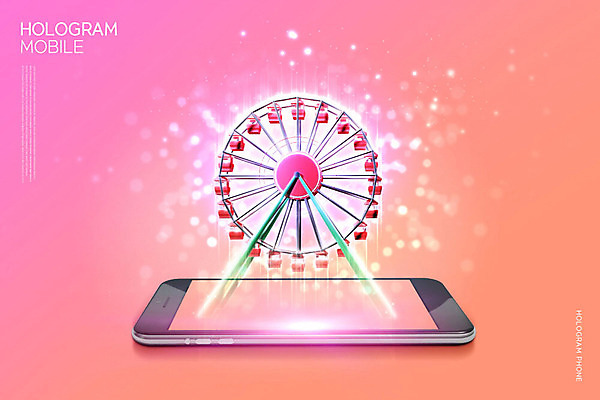 PSD 편집이미지 분홍색 모바일 정보기술 사람없음 스마트폰 대관람차 IT산업 홀로그램 이미지편집 산업 컬러 기술 핸드폰 스마트기기 놀이기구 파일형식