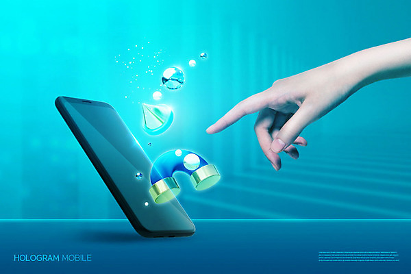 도형 PSD 편집이미지 손 모바일 정보기술 신체부위 파란색 스마트폰 청록색 IT산업 입체도형 홀로그램 이미지편집 산업 컬러 기술 사람 핸드폰 스마트기기 입체 파일형식