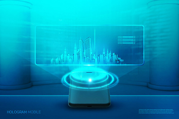 PSD 편집이미지 모바일 정보기술 빌딩 사람없음 스마트폰 도시 청록색 IT산업 홀로그램 이미지편집 산업 컬러 기술 건물 핸드폰 스마트기기 파일형식