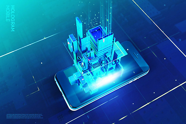 PSD 편집이미지 모바일 추상 정보기술 빌딩 사람없음 건물 파란색 스마트폰 IT산업 홀로그램 이미지편집 건축물 산업 컬러 무늬 기술 핸드폰 스마트기기 파일형식