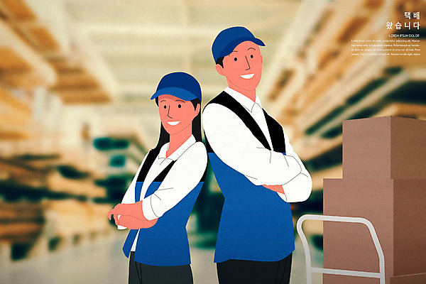 PSD 여자 남자 일러스트 상반신 성인 두명 파란색 수레 트럭 택배기사 배송 창고 택배 물류창고 성인만 새벽배송 재고 국내일러스트 컬러 자동차 사람 카트 운송업 배달원 상품 파일형식