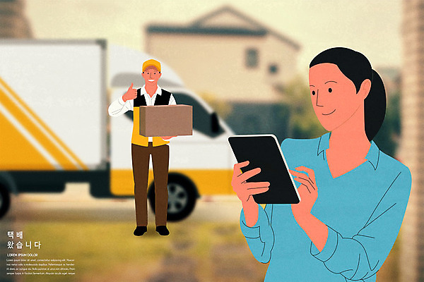 전신 PSD 여자 남자 일러스트 모바일 상반신 성인 두명 쇼핑 태블릿 노란색 트럭 최고 택배기사 배송 택배 결제 성인만 새벽배송 국내일러스트 컬러 자동차 사람 전자제품 스마트기기 운송업 배달원 파일형식