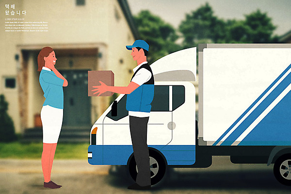 전신 PSD 여자 남자 일러스트 성인 두명 파란색 트럭 택배기사 배송 택배 주기 성인만 새벽배송 국내일러스트 컬러 모션 자동차 사람 운송업 배달원 파일형식